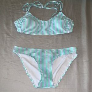 A blue and white striped bikini